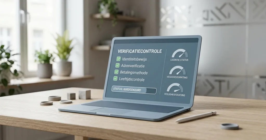 Illustratieve Nederlandse controle van een online casinolicentie zonder merklogo