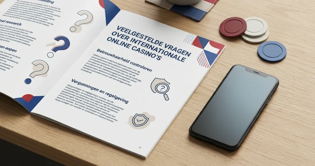 Illustratie van een Nederlandse informatiegids met vraagtekens, smartphone en neutrale casinofiches