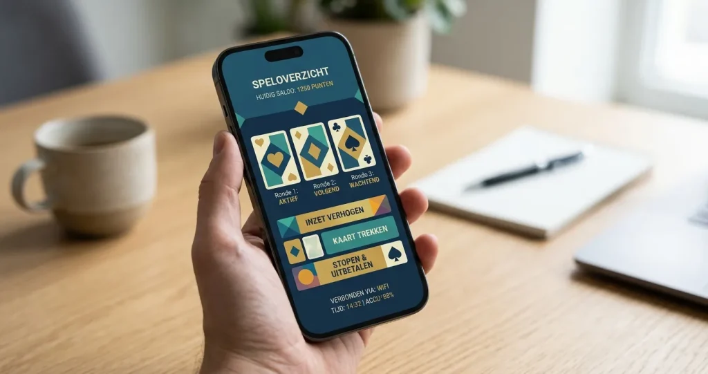 Illustratie van mobiel casinogebruik op een smartphone zonder merklogo of echte interface