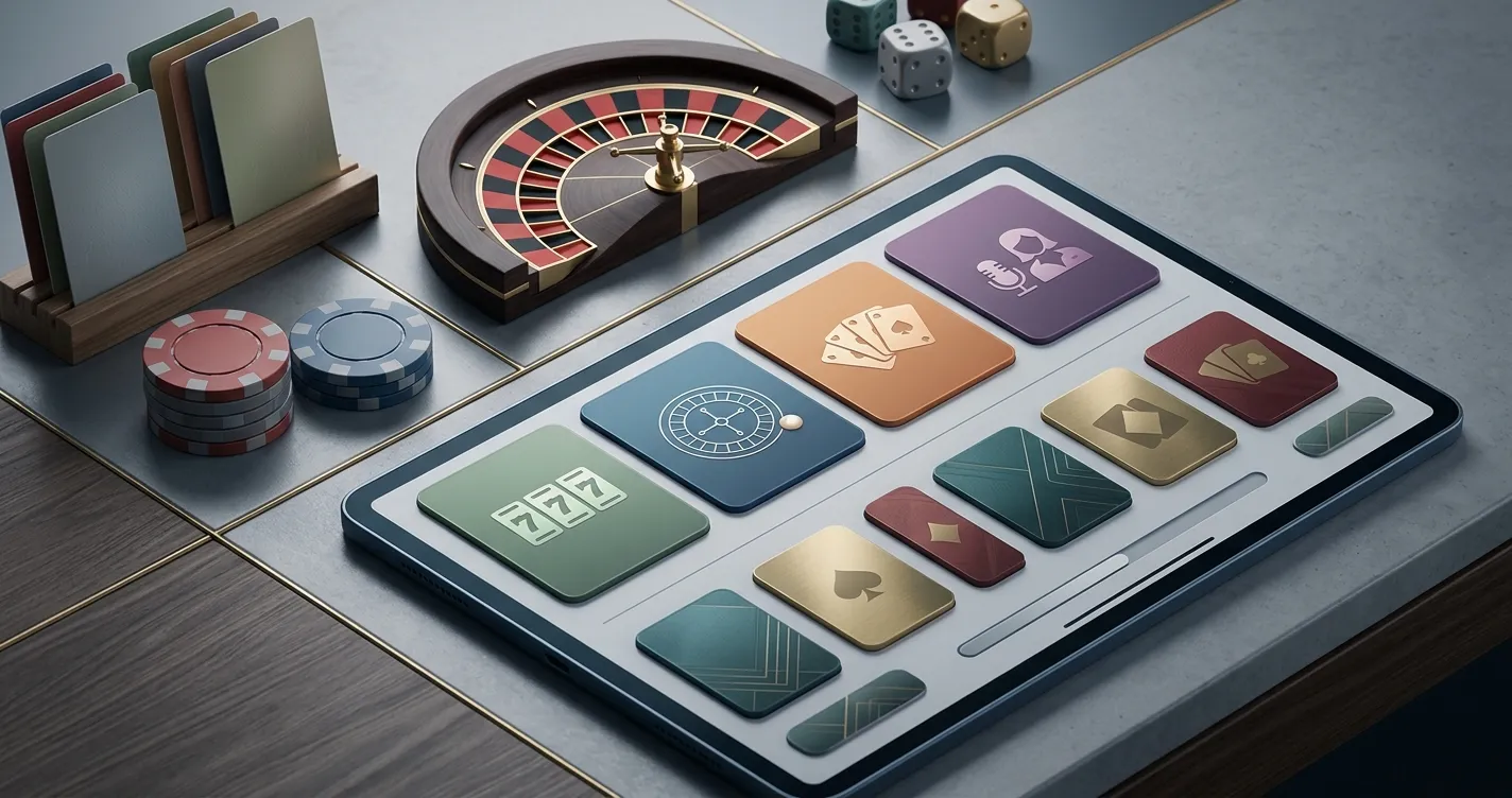 Abstracte redactionele illustratie van online casinospellen zonder merknamen of echte game-interface