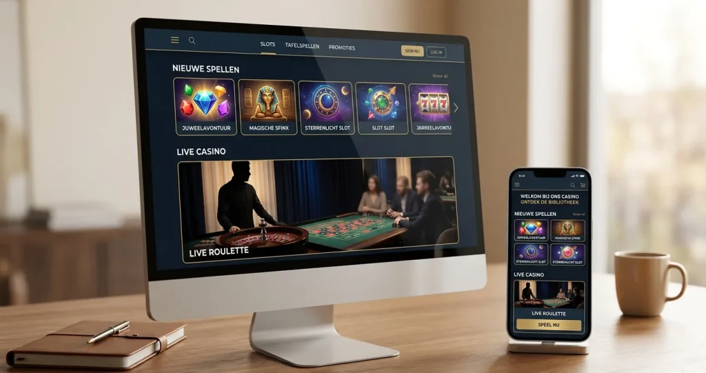 Redactionele illustratie van online casinospellen op desktop en mobiel zonder merktekens